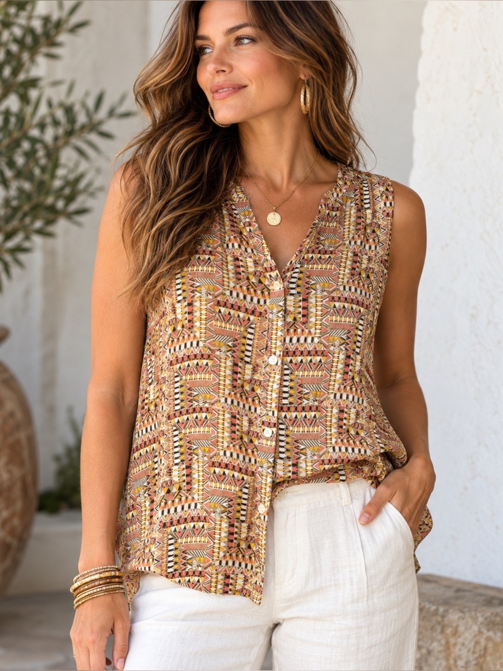 J.Jill Women’s Sz M Geometric Tribal Print  Sleeveless Button Front Blouse Boho